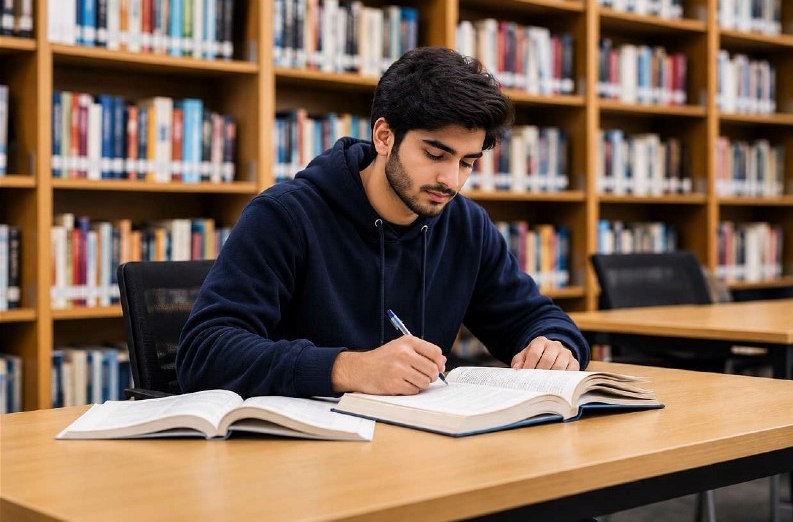 Student studying in a library
